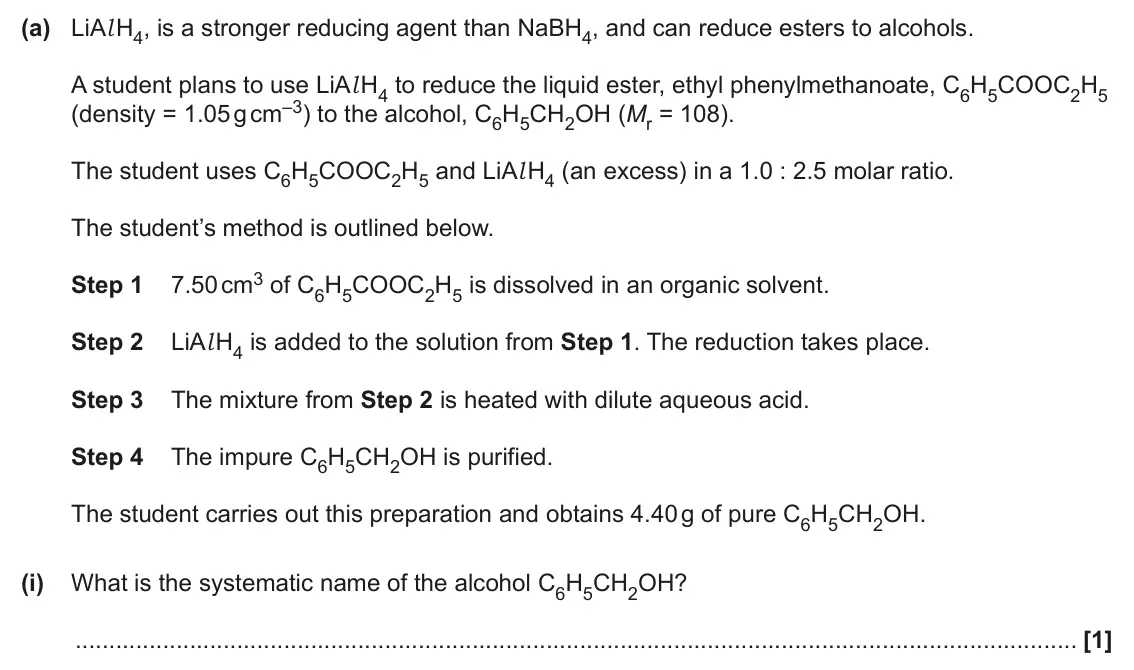 June 2025 Paper 3, question 5(a)(i): What is the systematic name of the alcohol C6H5CH2OH? [1]
