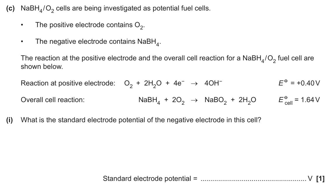 June 2025 Paper 3, question 5(c)(i): What is the standard electrode potential of the negative electrode in this cell? Standard electrode potential = V [1]