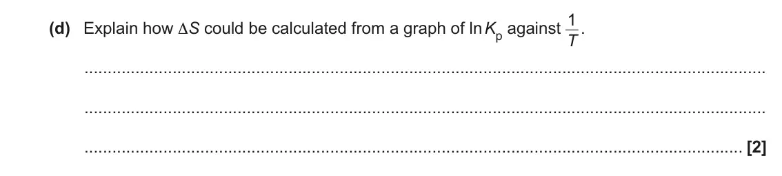 November 2020 Paper 3, question 5(d): Explain how ∆S could be calculated from a graph of ln Kp against 1 T . [2]