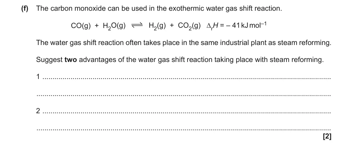 June 2017 Paper 1, question 33(f): The carbon monoxide can be used in the exothermic water gas shift reaction. H2(g) + CO2(g) ∆rH = – 41 kJ mol–1 CO(g) + H2O(g) The water gas shift reaction often
