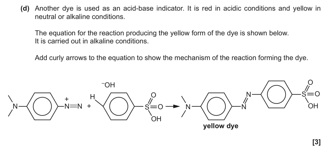 June 2017 Paper 1, question 34(d): Another dye is used as an acid-base indicator. It is red in acidic conditions and yellow in neutral or alkaline conditions. The equation for the reaction produc