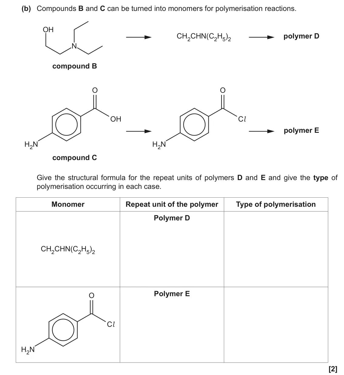 June 2018 Paper 1, question 33(b): Compounds B and C can be turned into monomers for polymerisation reactions. OH CH2CHN(C2H5)2 polymer D N compound B O O OH Cl polymer E H2N H2N compound C Give 