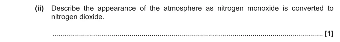 June 2019 Paper 1, question 33(e)(ii): Describe the appearance of the atmosphere as nitrogen monoxide is converted to nitrogen dioxide. [1]