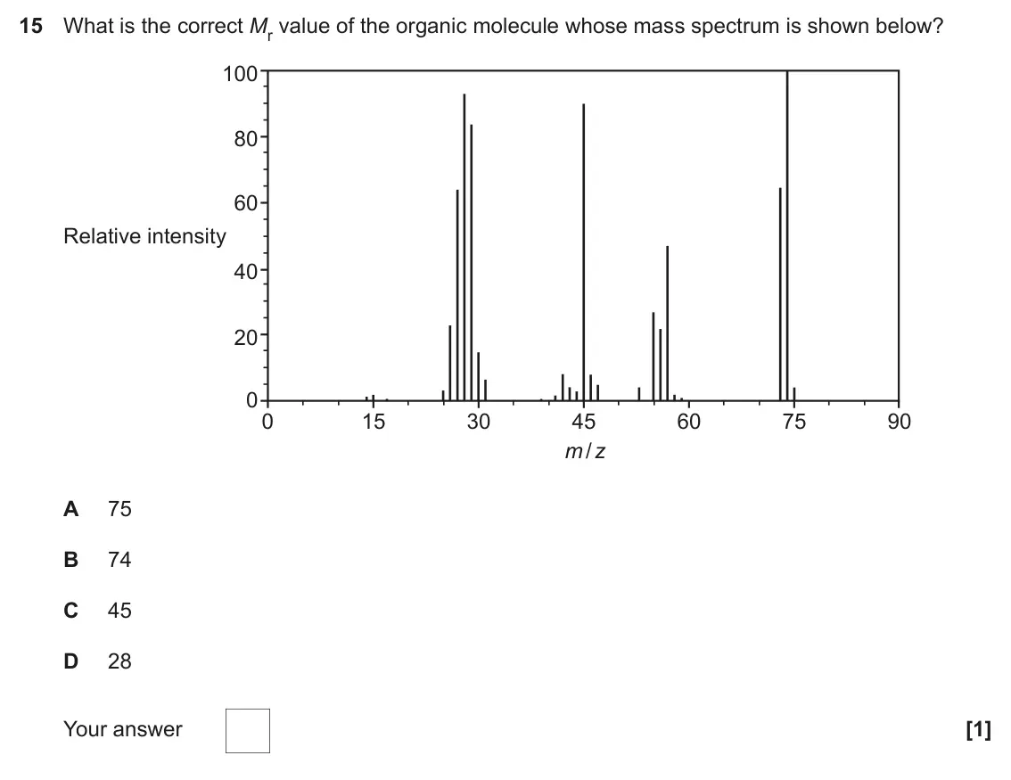 June 2022 Paper 1, question 15: What is the correct Mr value of the organic molecule whose mass spectrum is shown below? 100 80 60 Relative intensity 40 20 0 0 15 30 45 60 75 90 m / z A 75 B 7