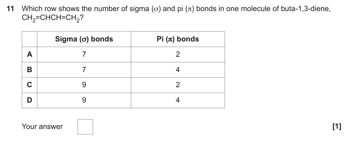 June 2023 Paper 1, question 11: Which row shows the number of sigma (σ) and pi (π) bonds in one molecule of buta-1,3-diene, CH2=CHCH=CH2? Sigma (σ) bonds Pi (π) bonds A 7 2 B 7 4 C 9 2 D 9 4 Y