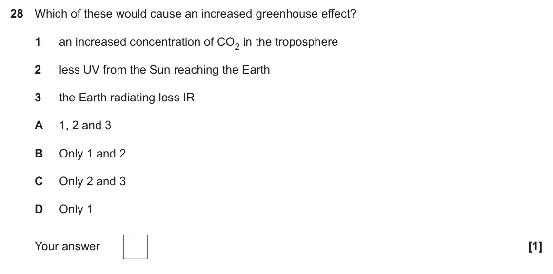 June 2023 Paper 1, question 28: Which of these would cause an increased greenhouse effect? 1 an increased concentration of CO2 in the troposphere 2 less UV from the Sun reaching the Earth 3 th
