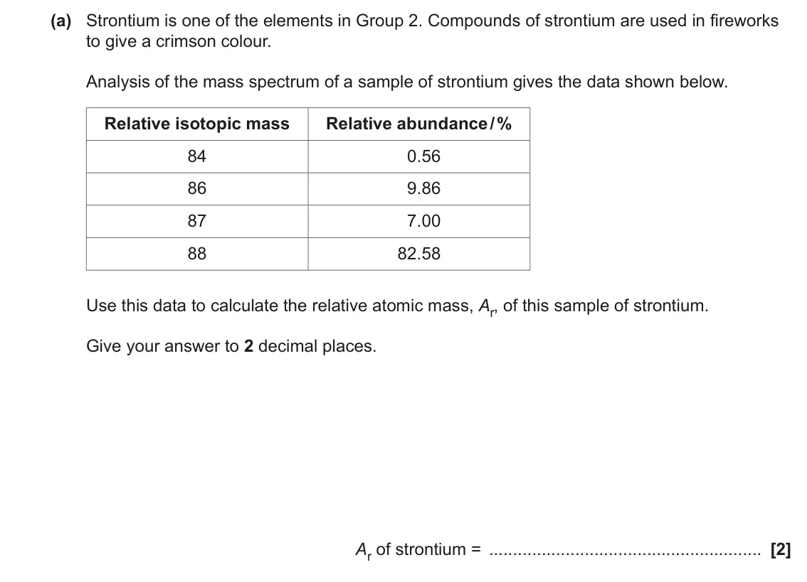 June 2023 Paper 1, question 31(a): Strontium is one of the elements in Group 2. Compounds of strontium are used in fireworks to give a crimson colour. Analysis of the mass spectrum of a sample of