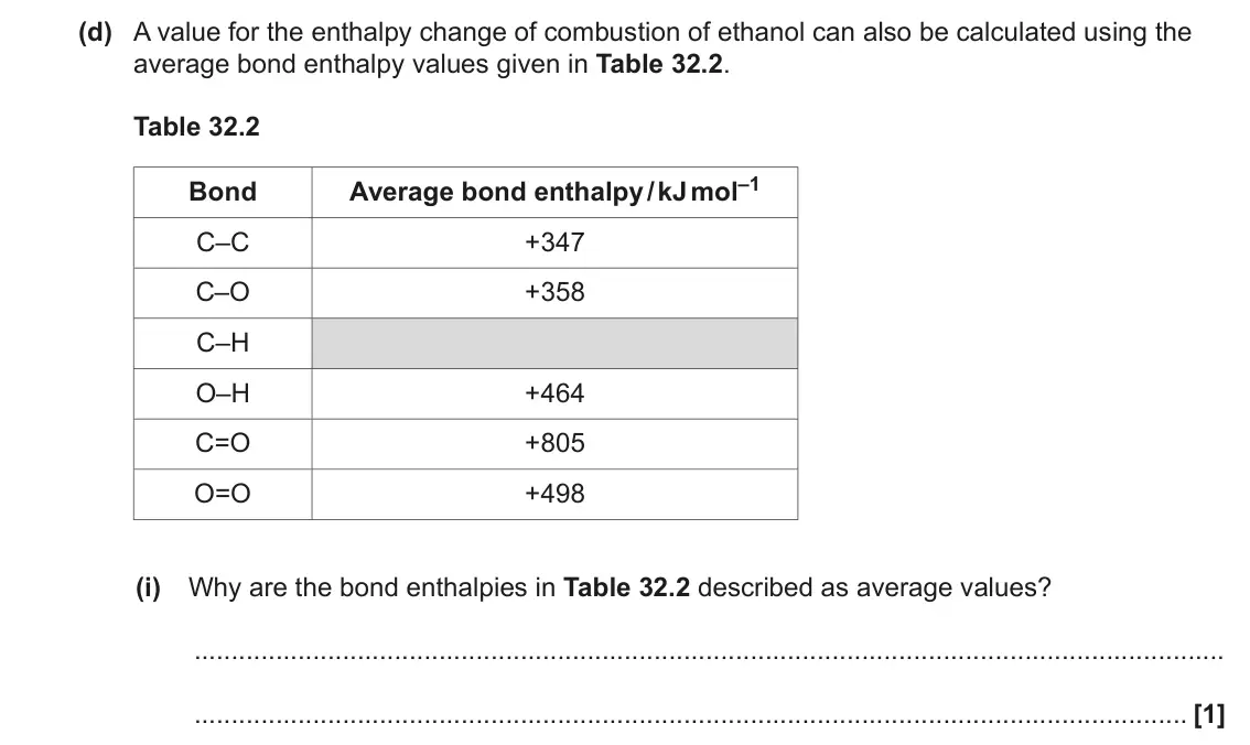 June 2023 Paper 1, question 32(d)(i): Why are the bond enthalpies in Table 32.2 described as average values? [1]