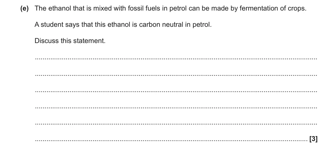 June 2023 Paper 1, question 32(e): The ethanol that is mixed with fossil fuels in petrol can be made by fermentation of crops. A student says that this ethanol is carbon neutral in petrol. Discus