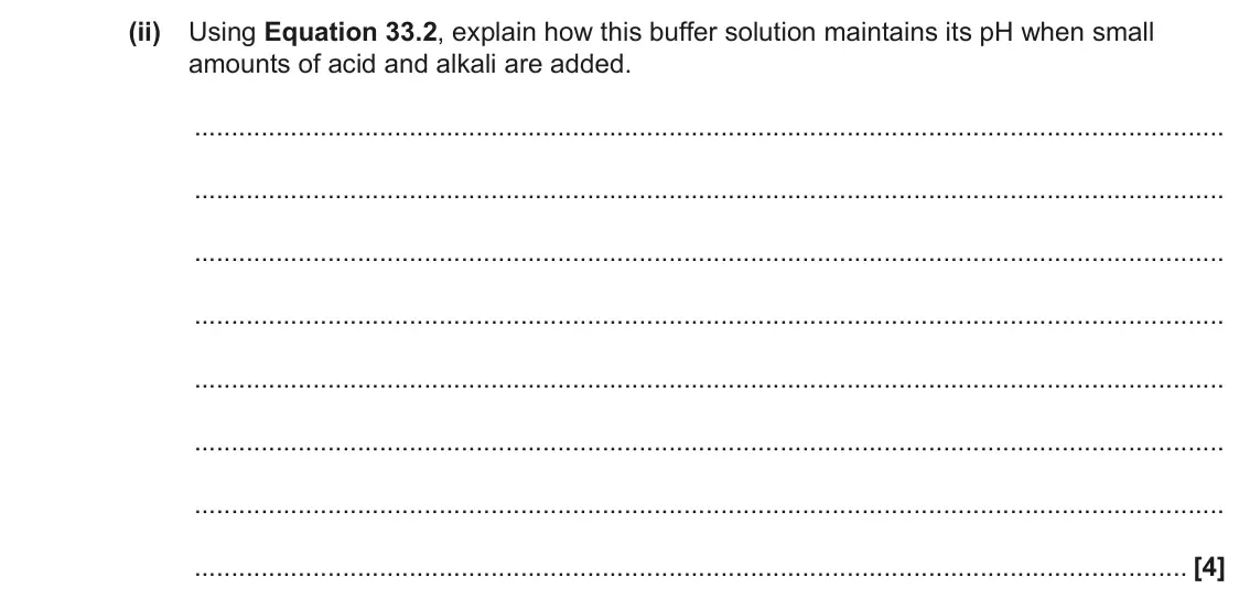 June 2023 Paper 1, question 33(b)(ii): Using Equation 33.2, explain how this buffer solution maintains its pH when small amounts of acid and alkali are added. [4]