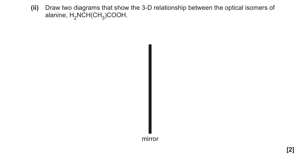 June 2023 Paper 1, question 35(b)(ii): Draw two diagrams that show the 3-D relationship between the optical isomers of alanine, H2NCH(CH3)COOH. mirror [2]