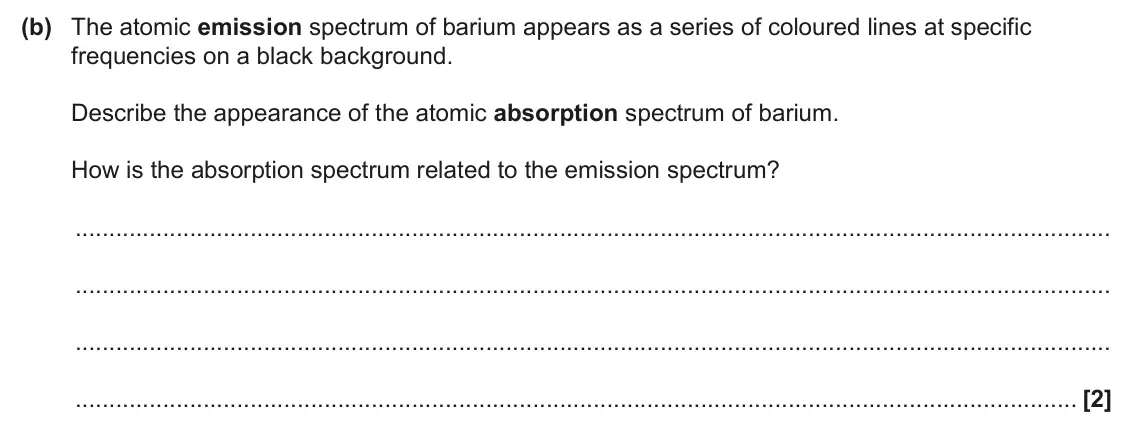June 2024 Paper 1, question 31(b): The atomic emission spectrum of barium appears as a series of coloured lines at specific frequencies on a black background. Describe the appearance of the atomi