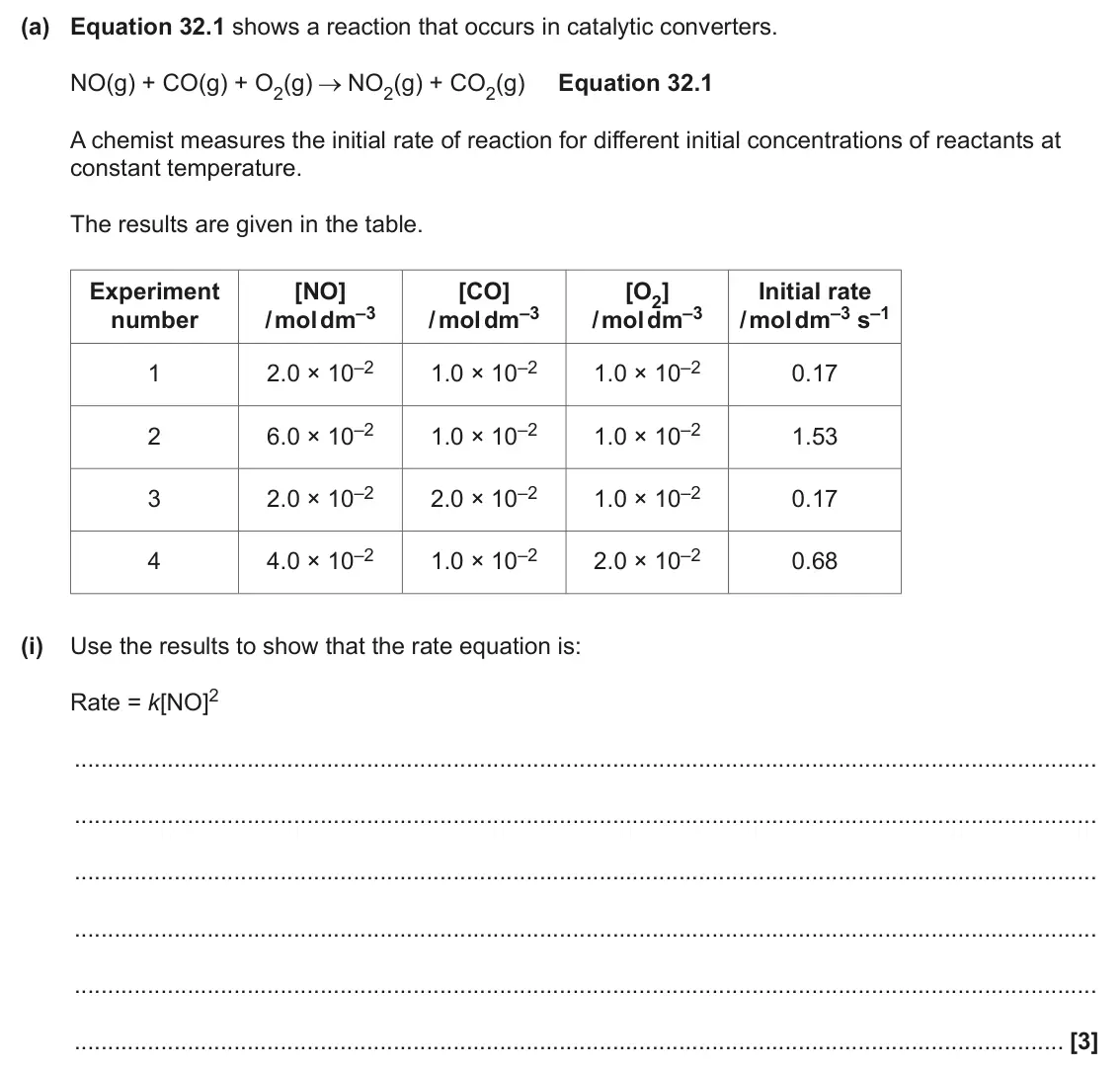 June 2024 Paper 1, question 32(a)(i): Use the results to show that the rate equation is: Rate = k[NO]2 [3]
