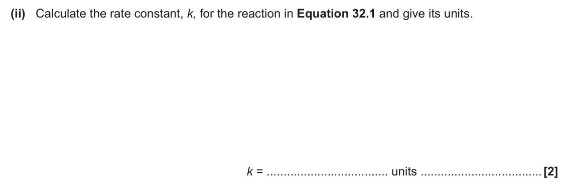 June 2024 Paper 1, question 32(a)(ii): Calculate the rate constant, k, for the reaction in Equation 32.1 and give its units. k = units [2]