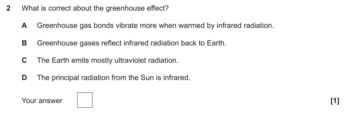 June 2025 Paper 1, question 2: What is correct about the greenhouse effect? A Greenhouse gas bonds vibrate more when warmed by infrared radiation. B Greenhouse gases reflect infrared radiatio