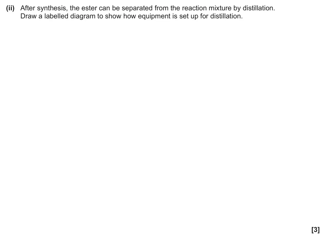 June 2025 Paper 1, question 32(a)(ii): After synthesis, the ester can be separated from the reaction mixture by distillation. Draw a labelled diagram to show how equipment is set up for distillation.