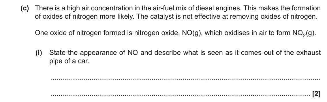 November 2020 Paper 1, question 31(c)(i): State the appearance of NO and describe what is seen as it comes out of the exhaust pipe of a car. [2]