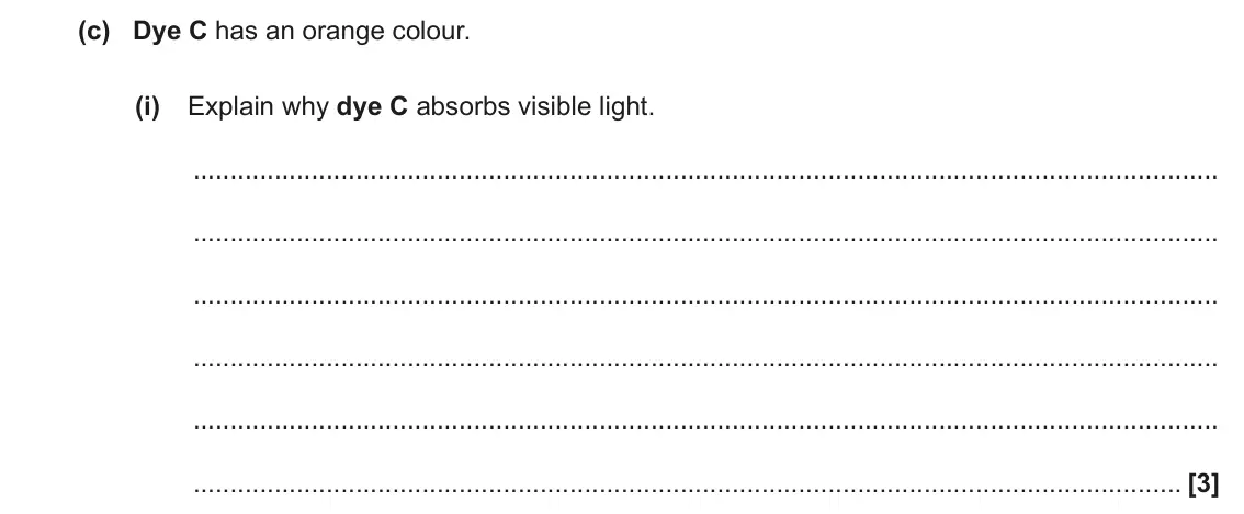 November 2020 Paper 1, question 34(c)(i): Explain why dye C absorbs visible light. [3]