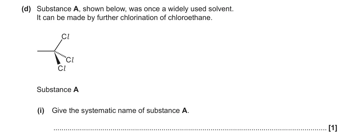 November 2021 Paper 1, question 32(d)(i): Give the systematic name of substance A. [1]
