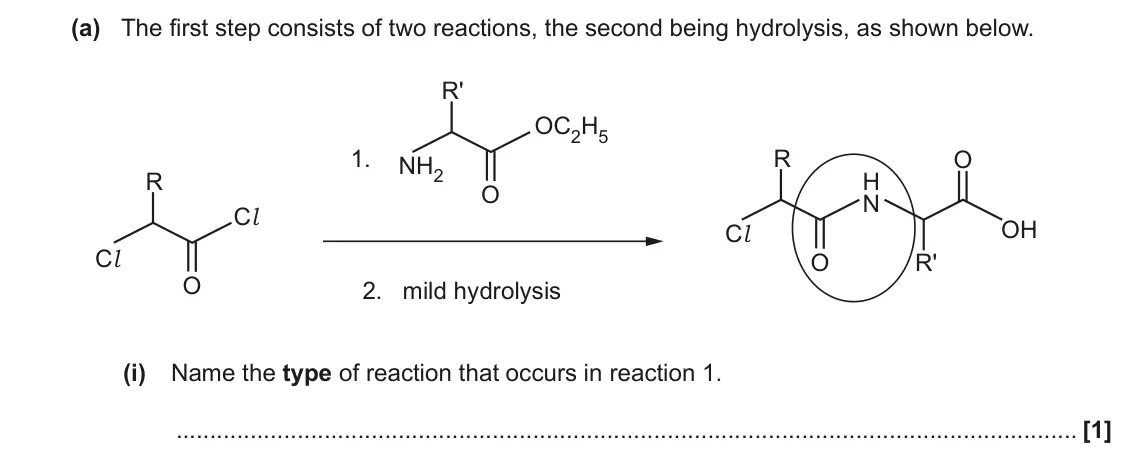 November 2021 Paper 1, question 34(a)(i): Name the type of reaction that occurs in reaction 1. [1]