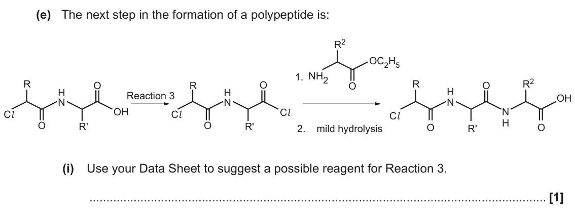 November 2021 Paper 1, question 34(e)(i): Use your Data Sheet to suggest a possible reagent for Reaction 3. [1]