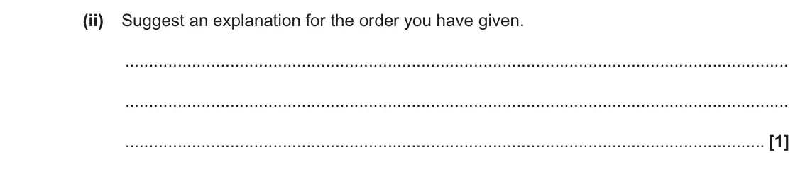 November 2021 Paper 1, question 35(b)(ii): Suggest an explanation for the order you have given. [1]