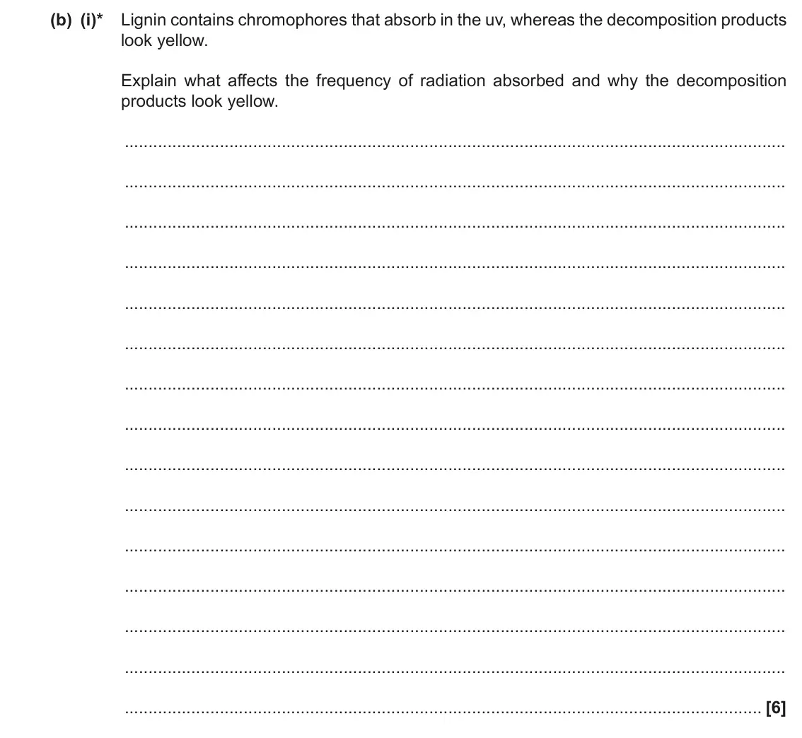 June 2017 Paper 2, question 5(b)(i): (i)* Lignin contains chromophores that absorb in the uv, whereas the decomposition products look yellow. Explain what affects the frequency of radiation absorbe
