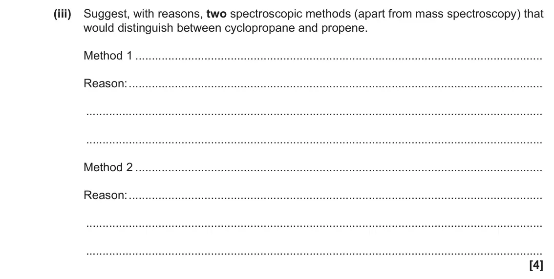 June 2018 Paper 2, question 2(a)(iii): Suggest, with reasons, two spectroscopic methods (apart from mass spectroscopy) that would distinguish between cyclopropane and propene. Method 1 Reason: Method