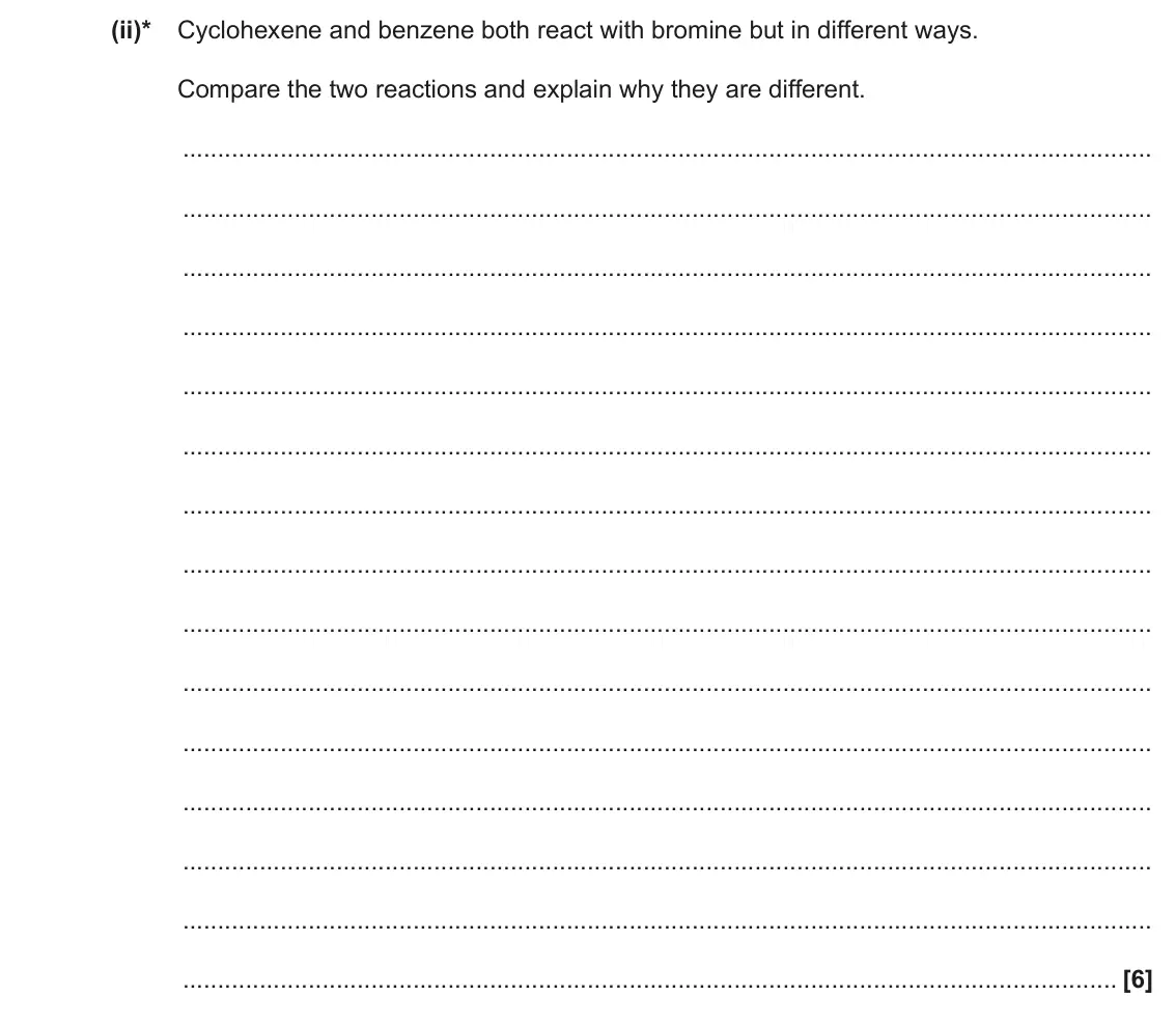 June 2018 Paper 2, question 2(e)(ii): Propene gas, C3H6, is obtained industrially from a variety of sources. Propene is mainly used as a starting material for making polymers. (ii)* Cyclohexene and 