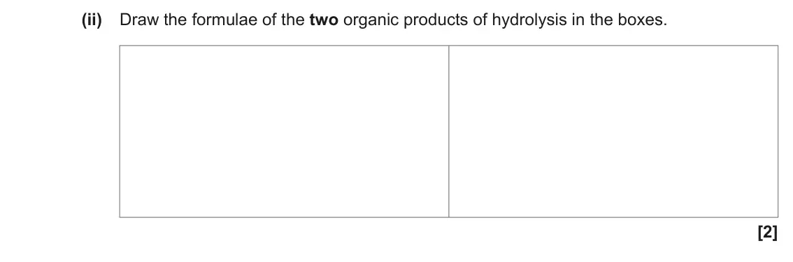 June 2019 Paper 2, question 1(f)(ii): Draw the formulae of the two organic products of hydrolysis in the boxes. [2]