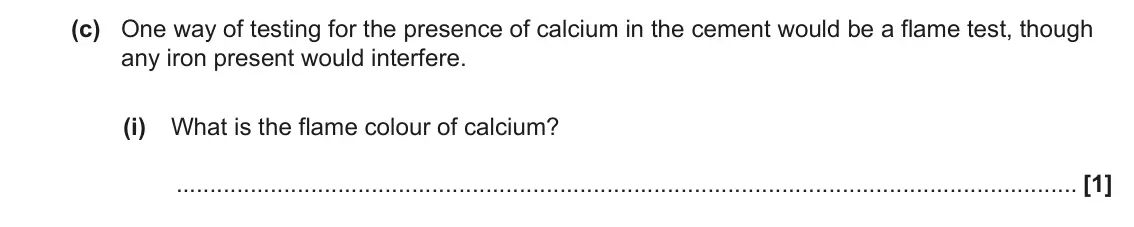 June 2022 Paper 2, question 1(c)(i): What is the flame colour of calcium? [1]