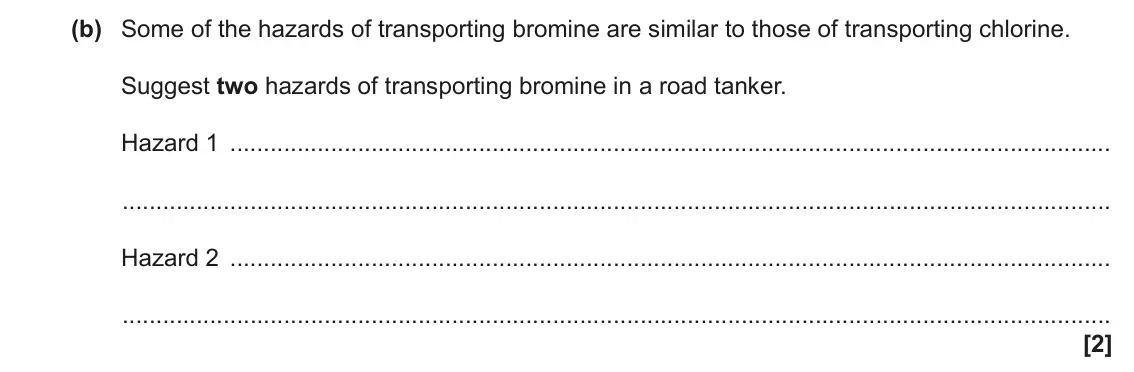 June 2023 Paper 2, question 1(b): Some of the hazards of transporting bromine are similar to those of transporting chlorine. Suggest two hazards of transporting bromine in a road tanker. Hazard