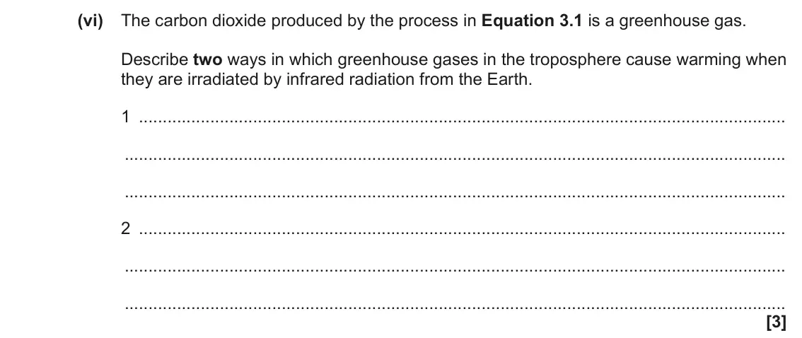 June 2023 Paper 2, question 3(a)(vi): The carbon dioxide produced by the process in Equation 3.1 is a greenhouse gas. Describe two ways in which greenhouse gases in the troposphere cause warming whe