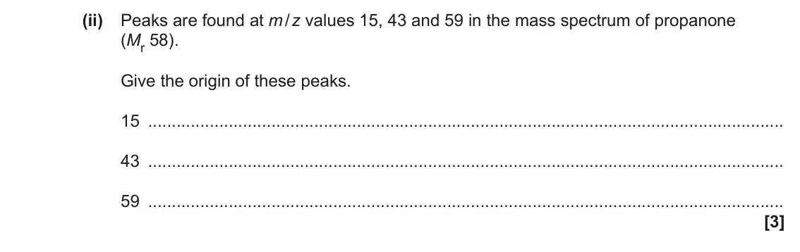 June 2023 Paper 2, question 4(c)(ii): Peaks are found at m / z values 15, 43 and 59 in the mass spectrum of propanone (Mr 58). Give the origin of these peaks. 15 43 59 [3]