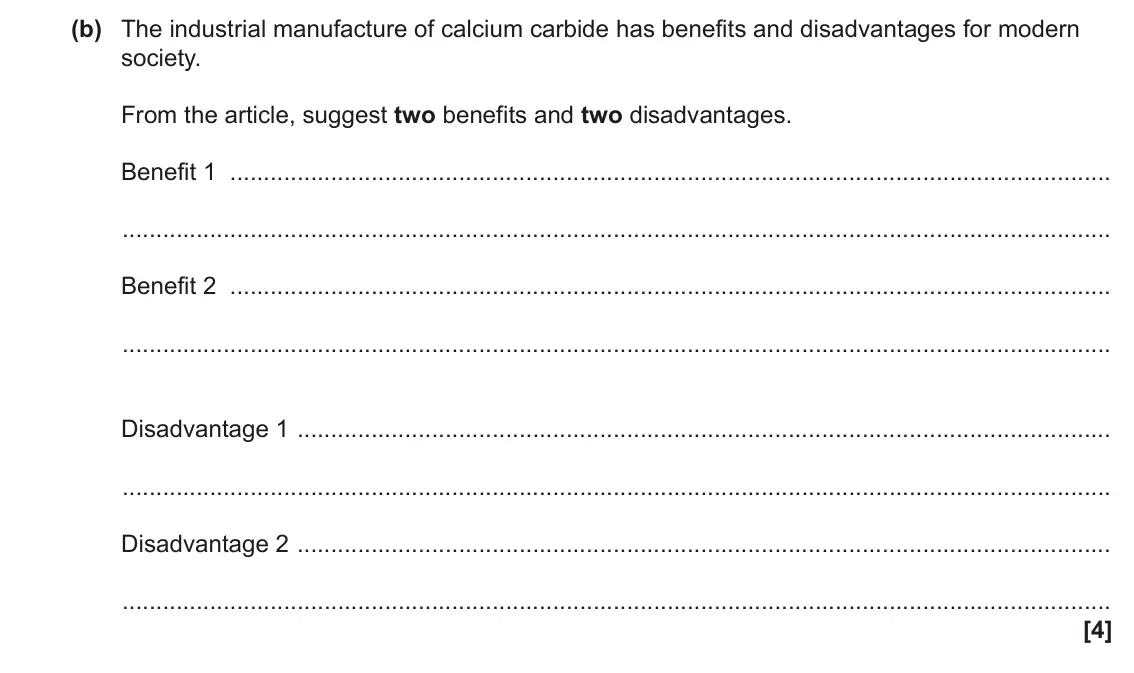 June 2023 Paper 2, question 5(b): The industrial manufacture of calcium carbide has benefits and disadvantages for modern society. From the article, suggest two benefits and two disadvantages. B