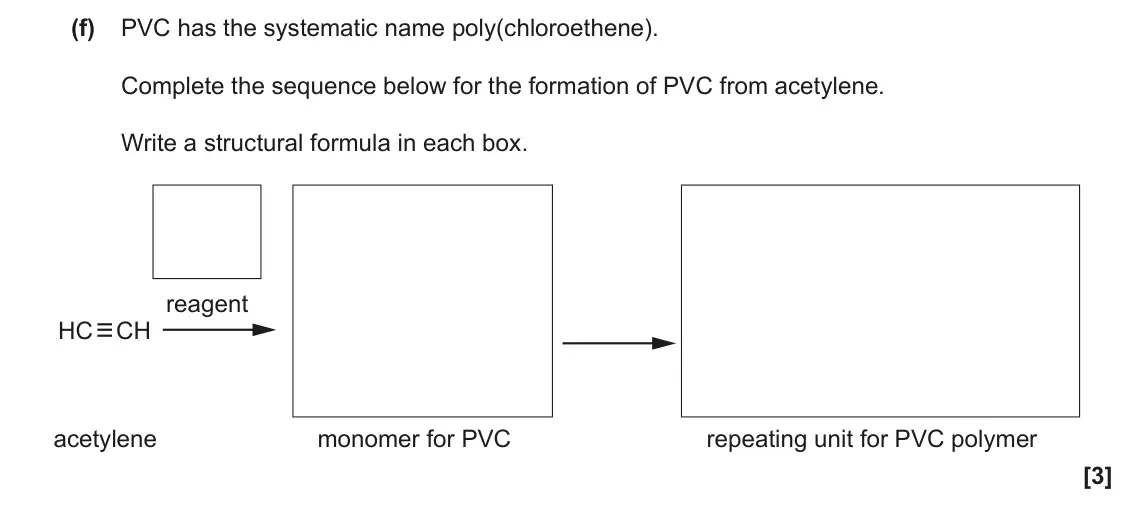 June 2023 Paper 2, question 5(f): PVC has the systematic name poly(chloroethene). Complete the sequence below for the formation of PVC from acetylene. Write a structural formula in each box. rea