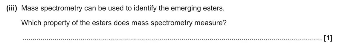 June 2024 Paper 2, question 1(c)(iii): Mass spectrometry can be used to identify the emerging esters. Which property of the esters does mass spectrometry measure? [1]