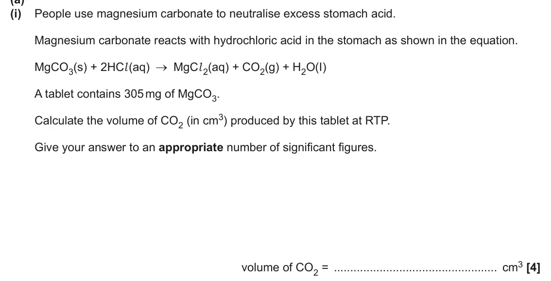 June 2024 Paper 2, question 2(a)(i): People use magnesium carbonate to neutralise excess stomach acid. Magnesium carbonate reacts with hydrochloric acid in the stomach as shown in the equation. MgC