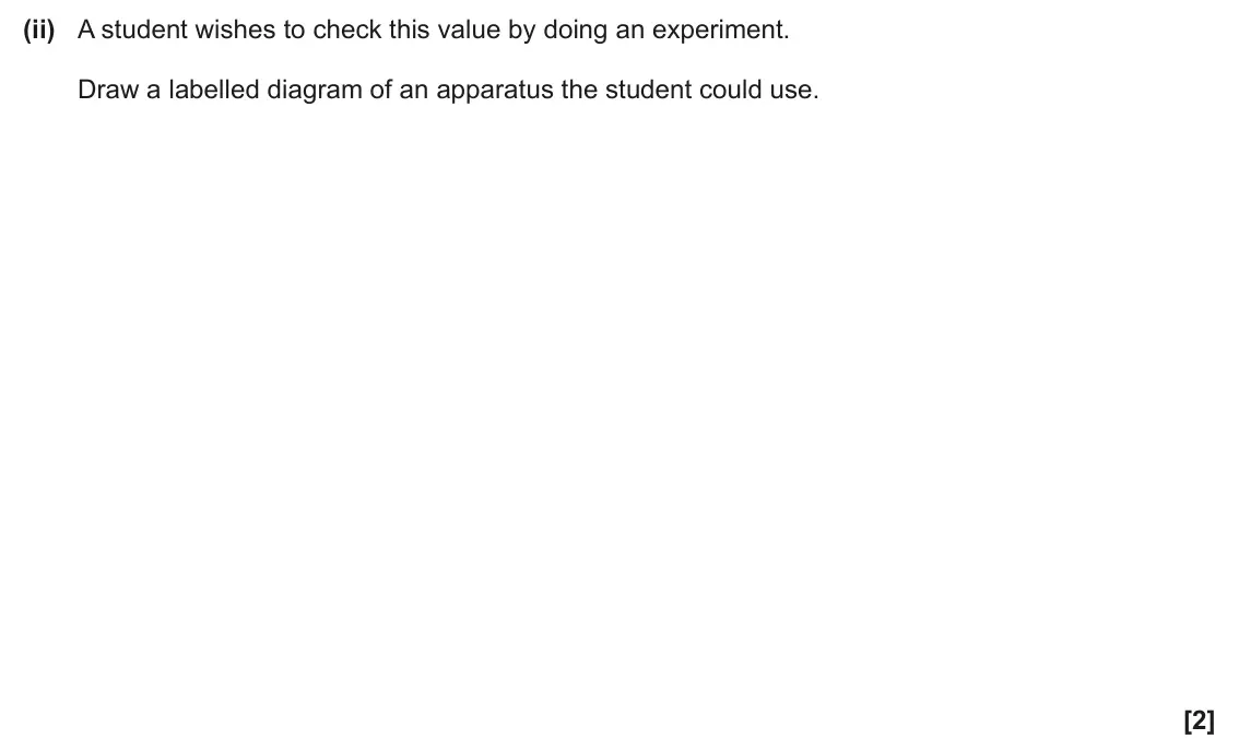 June 2024 Paper 2, question 2(a)(ii): A student wishes to check this value by doing an experiment. Draw a labelled diagram of an apparatus the student could use. [2]