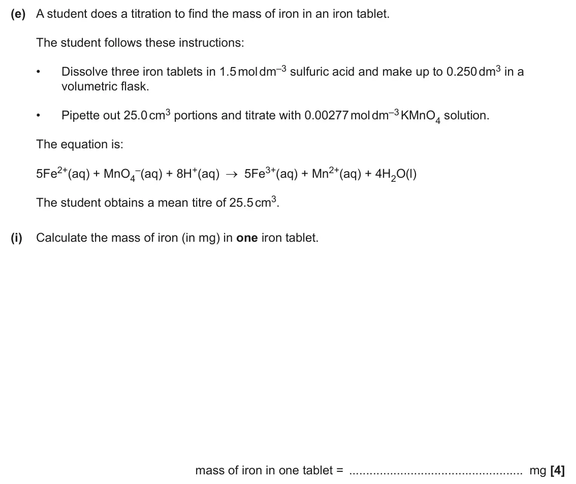 June 2024 Paper 2, question 2(e)(i): Calculate the mass of iron (in mg) in one iron tablet. mass of iron in one tablet = mg [4]