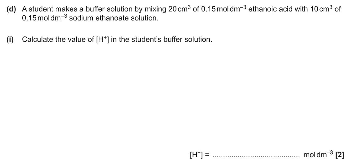 June 2024 Paper 2, question 4(d)(i): [H+] = mol dm–3 [2]