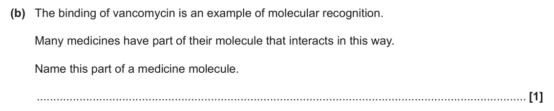 June 2025 Paper 2, question 4(b): The binding of vancomycin is an example of molecular recognition. Many medicines have part of their molecule that interacts in this way. Name this part of a med
