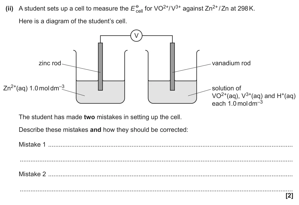 June 2025 Paper 2, question 5(b)(ii): A student sets up a cell to measure the E o cell for VO2+/ V3+ against Zn2+ / Zn at 298 K. Here is a diagram of the student’s cell. V zinc rod vanadium rod Zn2+