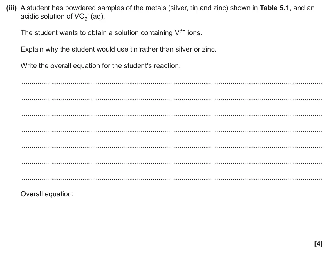 June 2025 Paper 2, question 5(b)(iii): A student has powdered samples of the metals (silver, tin and zinc) shown in Table 5.1, and an +(aq). acidic solution of VO2 The student wants to obtain a solut