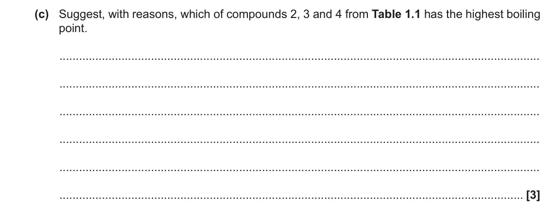 November 2021 Paper 2, question 1(c): Suggest, with reasons, which of compounds 2, 3 and 4 from Table 1.1 has the highest boiling point. [3]