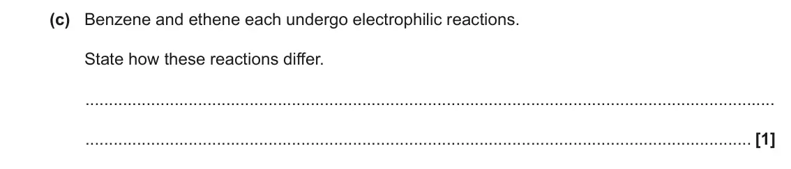 November 2021 Paper 2, question 3(c): Benzene and ethene each undergo electrophilic reactions. State how these reactions differ. [1]