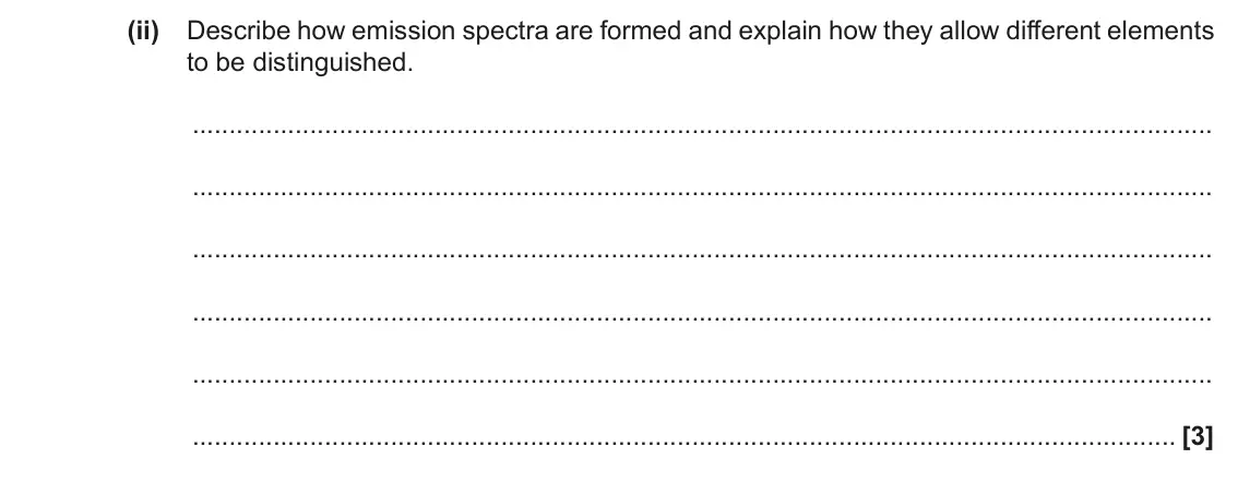 November 2021 Paper 2, question 5(b)(ii): Describe how emission spectra are formed and explain how they allow different elements to be distinguished. [3]
