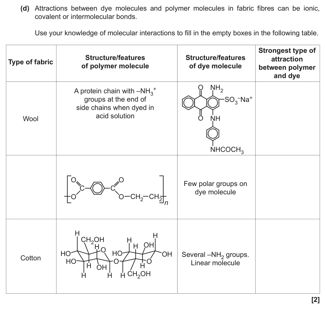June 2018 Paper 3, question 1(d): Attractions between dye molecules and polymer molecules in fabric fibres can be ionic, covalent or intermolecular bonds. Use your knowledge of molecular interac