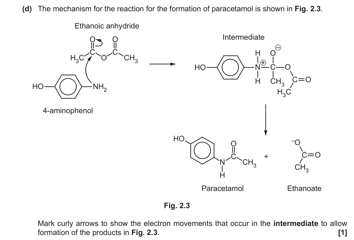June 2019 Paper 3, question 2(d): The mechanism for the reaction for the formation of paracetamol is shown in Fig. 2.3. Ethanoic anhydride Intermediate O O – C C H O H3C O CH3 + N C O HO C O H C