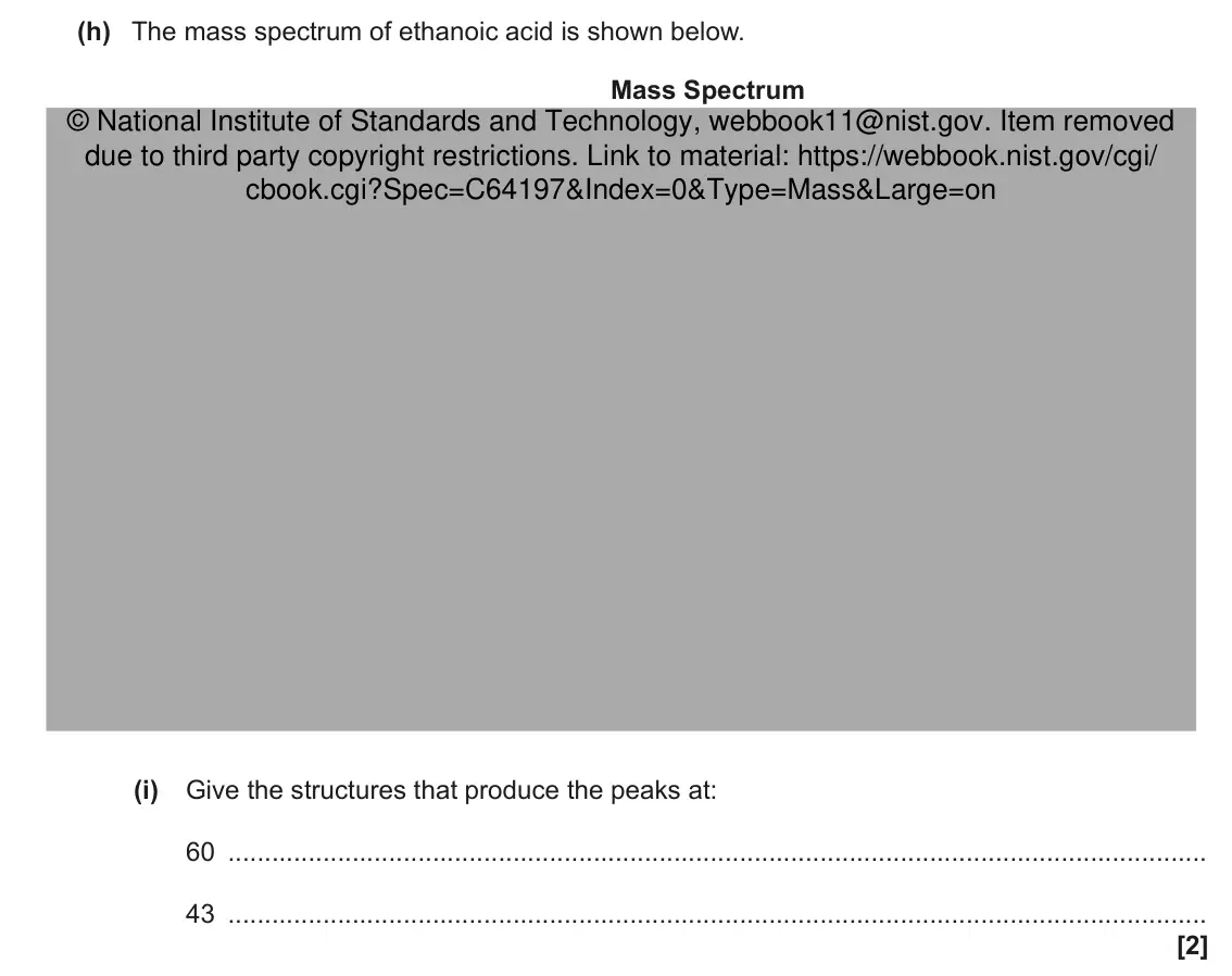 June 2019 Paper 3, question 2(h)(i): Give the structures that produce the peaks at: 60 43 [2]